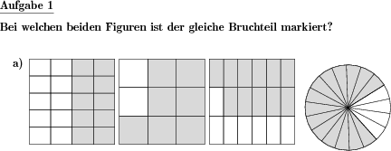 In einer Reihe von Figuren sind die beiden Figuren zu finden, die den gleichen Bruchteil darstellen. (Beispiel für die Aufgabenstellung)