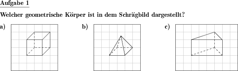 Zu Schrägbildern verschiedener geometrischer Körper sind die Namen der Körper zu benennen. (Beispiel für die Aufgabenstellung)