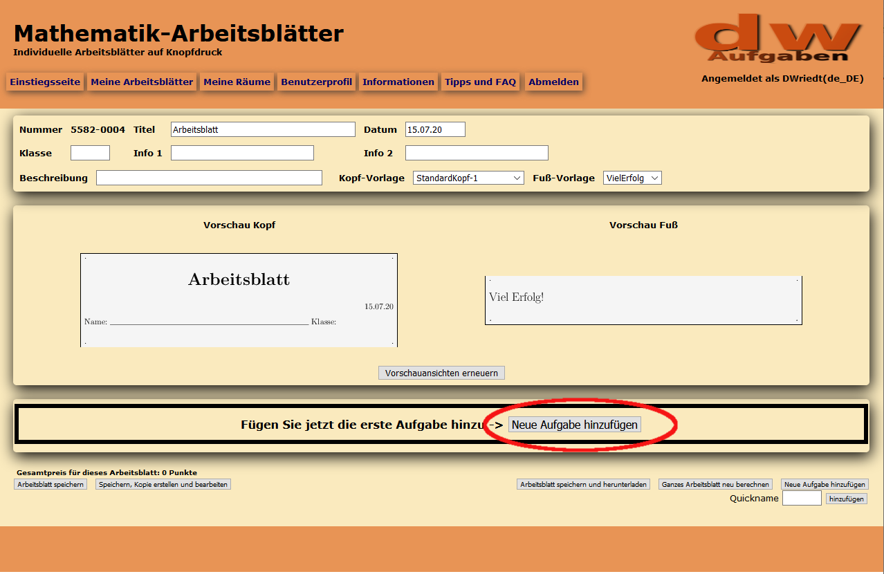 Bild vom leeren Arbeitsblatt