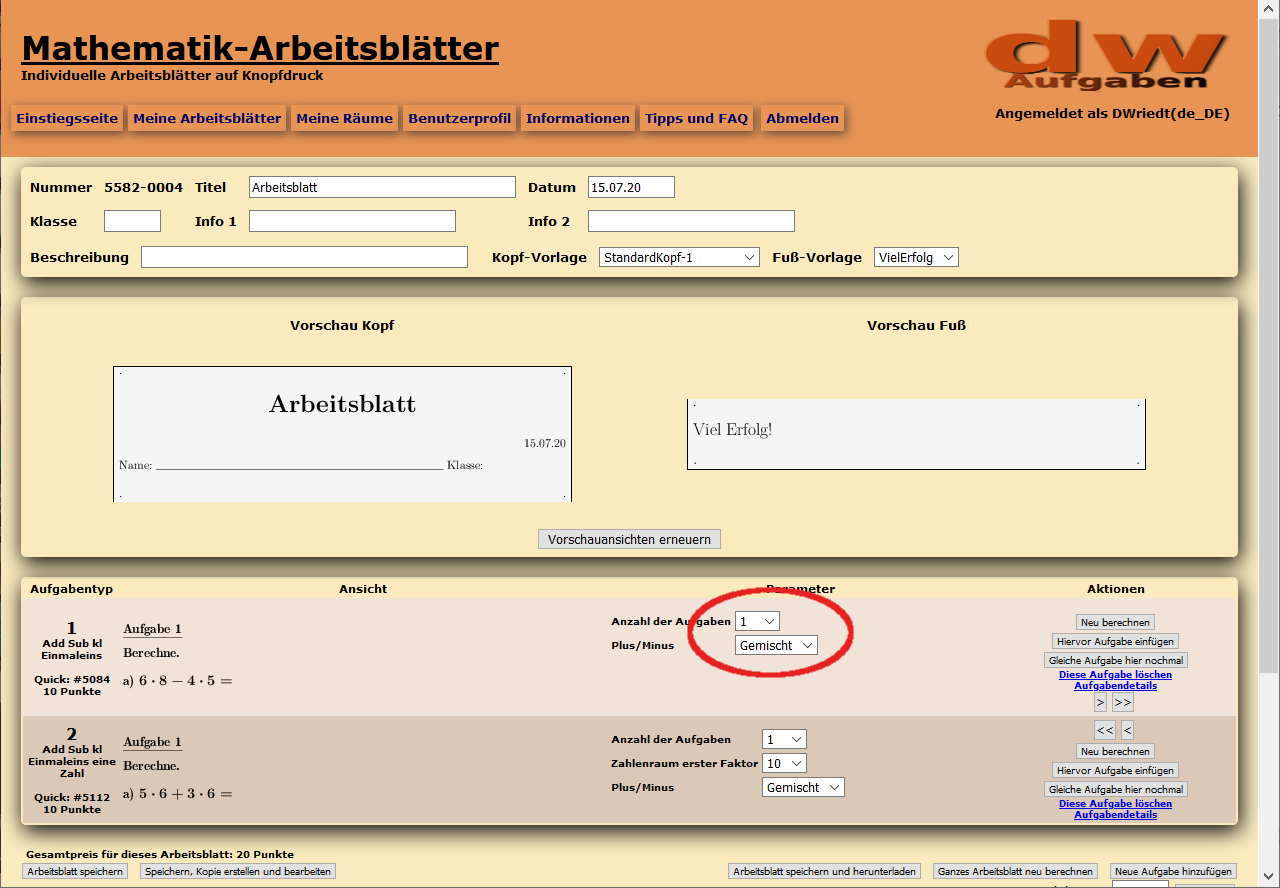 Bild vom Arbeitsblatt mit zwei Aufgaben