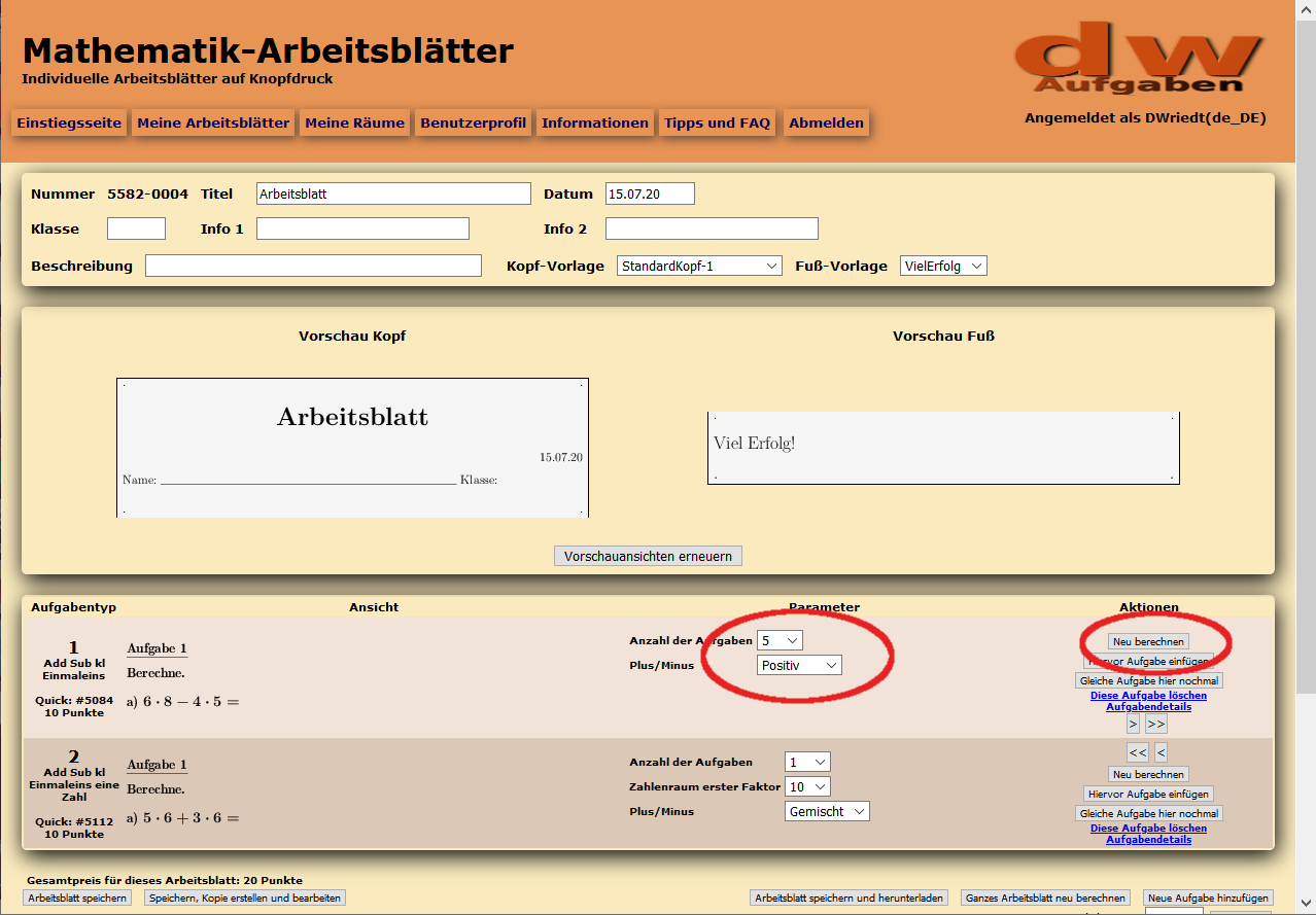 Bild vom neu berechneten Arbeitsblatt mit zwei Aufgaben