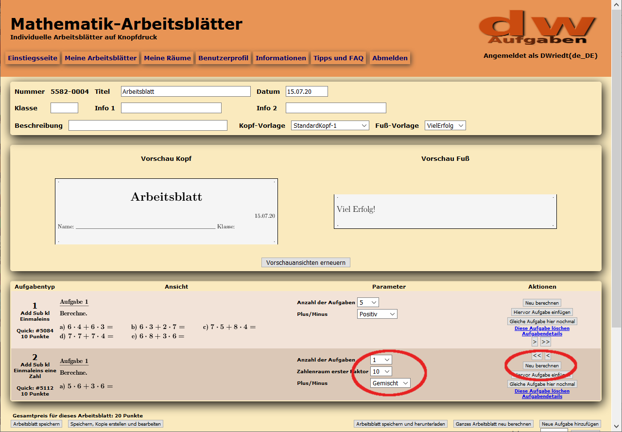 Bild vom neu berechneten Arbeitsblatt mit zwei Aufgaben