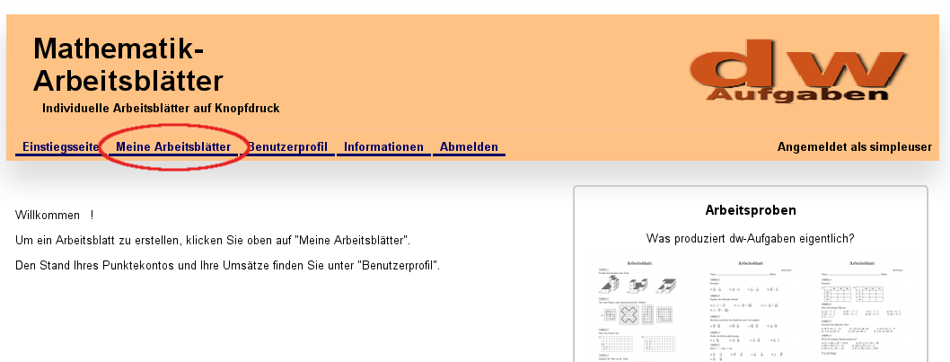 Bild von der Einstiegsseite