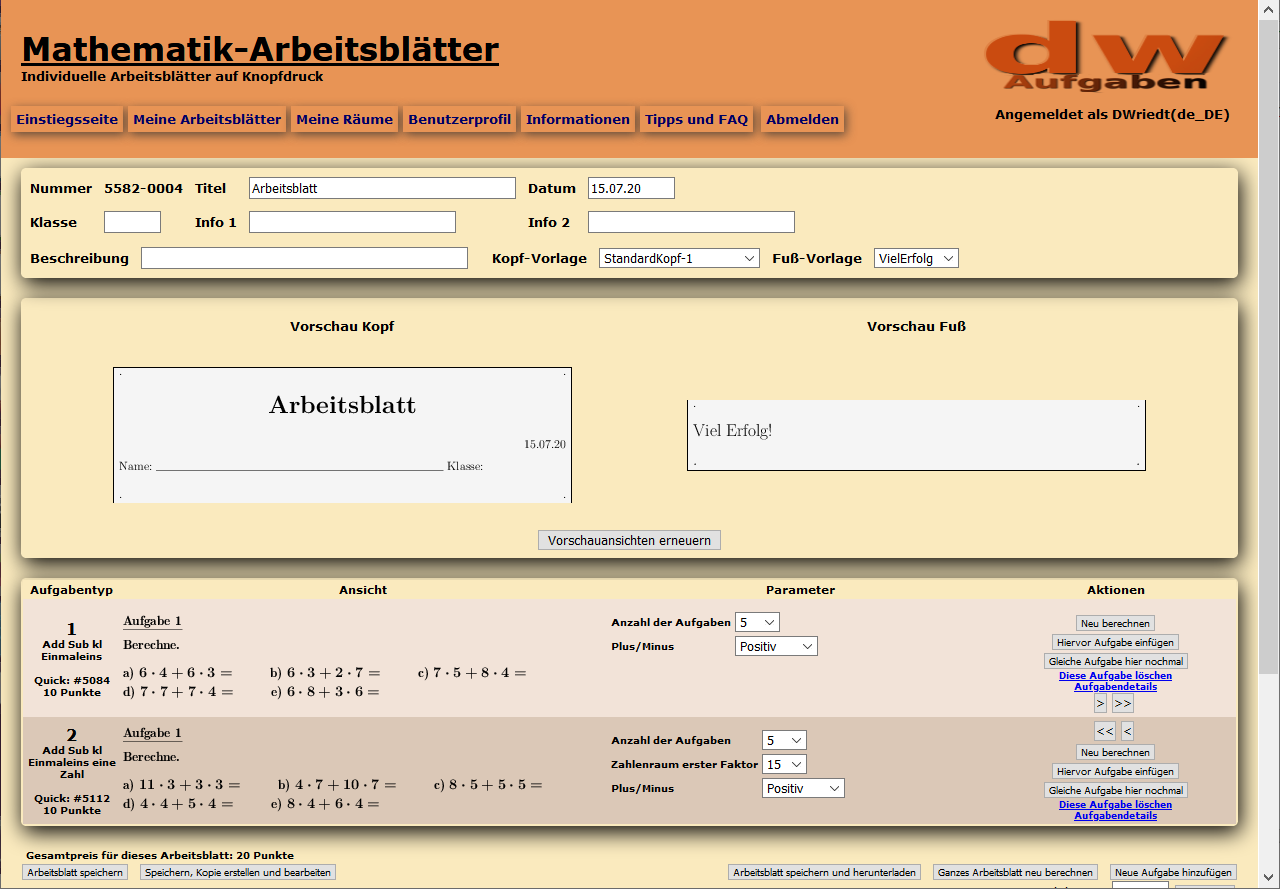 Bild vom neu berechneten Arbeitsblatt mit zwei Aufgaben