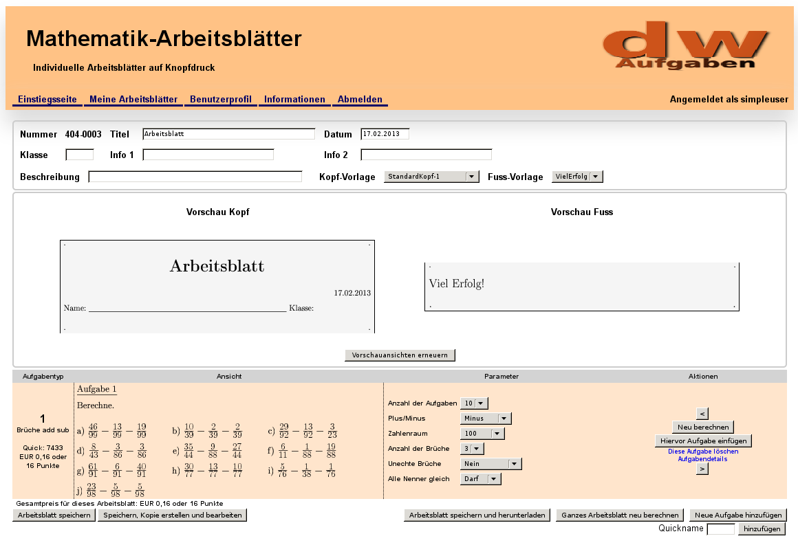 Bild vom neu berechneten Arbeitsblatt mit einer Aufgabe