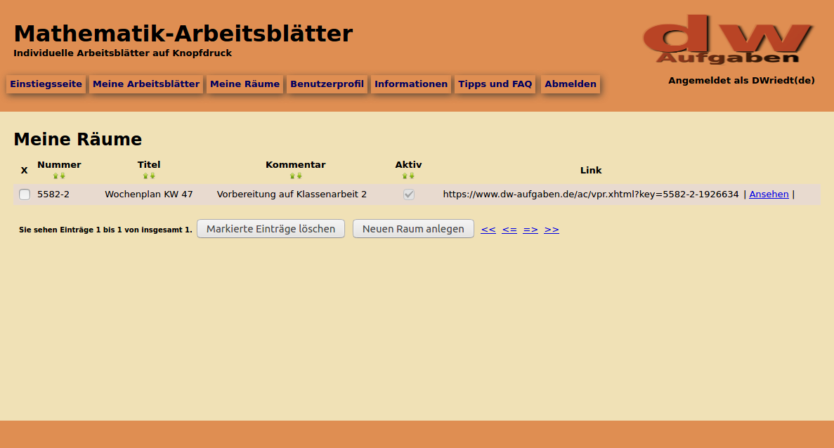 Raumliste mit einem Raum
