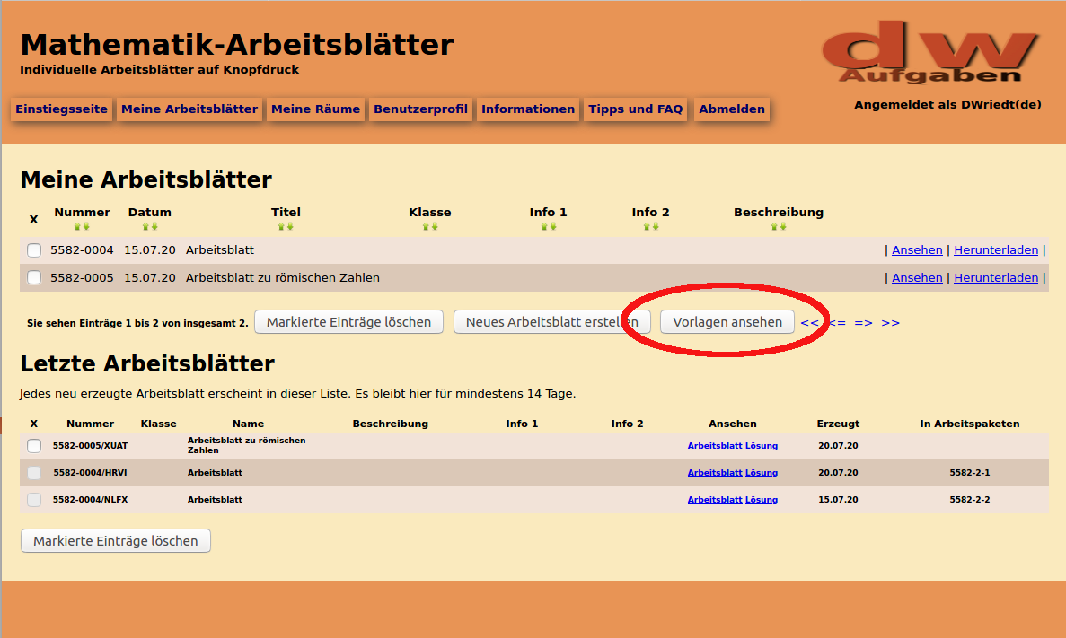 Bild von der Arbeitsblattliste