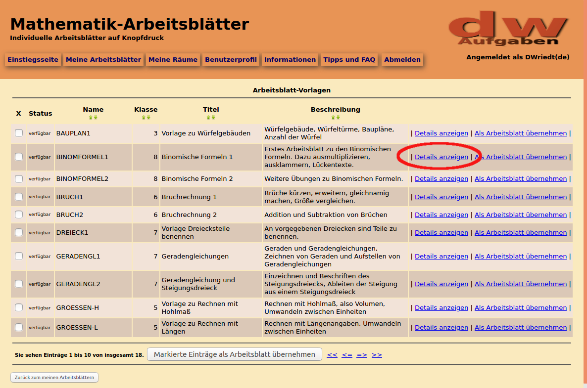 Bild von der Vorlagenliste