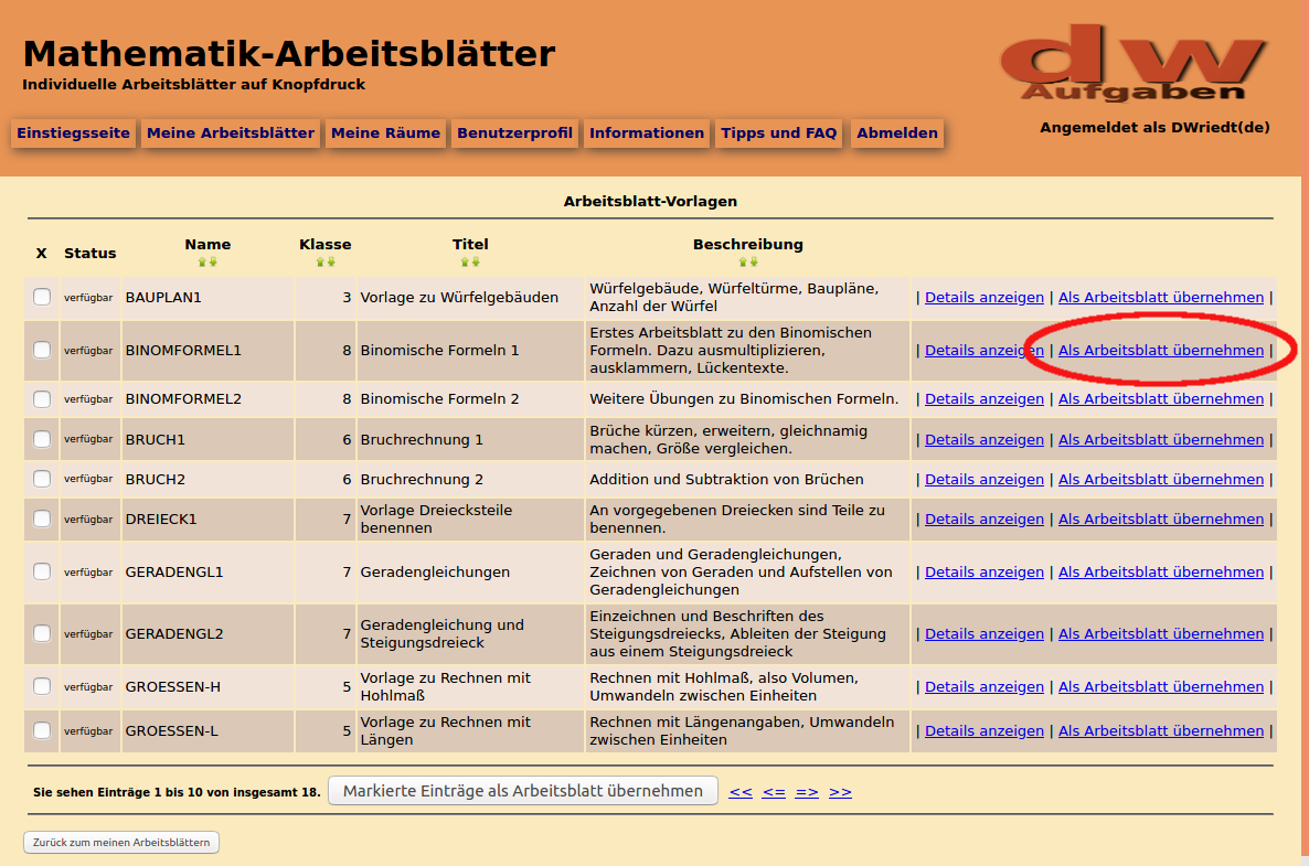 Bild von der Vorlagenliste