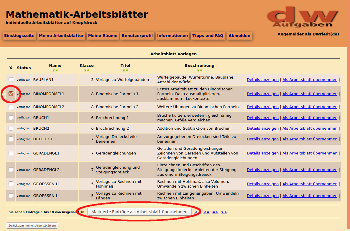 Bild von der Vorlagenliste