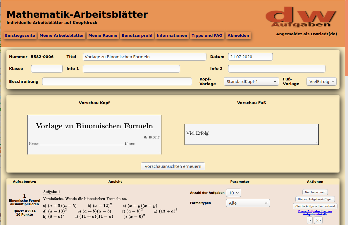 Bild von einem Arbeitsblatt in Bearbeitung