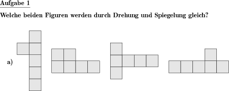 Zwei Figuren, ähnlich wie Würfelnetze, in einer Reihe sind gleich. Welche? (Beispiel für die Aufgabenstellung)