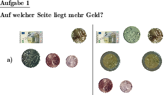 Zwei Sammlungen von Münzen und Scheinen werden gezeigt. Welche stellt den größeren Betrag dar? (Beispiel für die Aufgabenstellung)