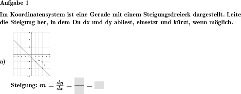 Aus einer Geraden mit Steigungsdreieck im Koordinatensystem ist die Steigung abzulesen. (Beispiel für die Aufgabenstellung)